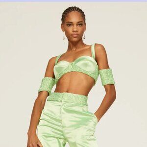Aliette Green Silk Bralette Smocked Top Sweetheart Neon Green Party Club Sexy